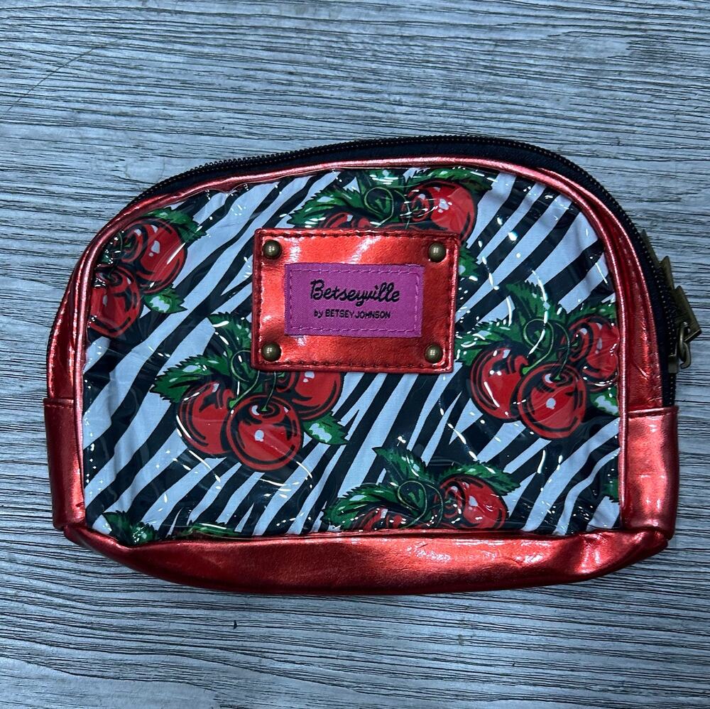 Vintage Betseyville by Betsey Johnson Cherry & Zebra Print Cosmetic Pouch Bag